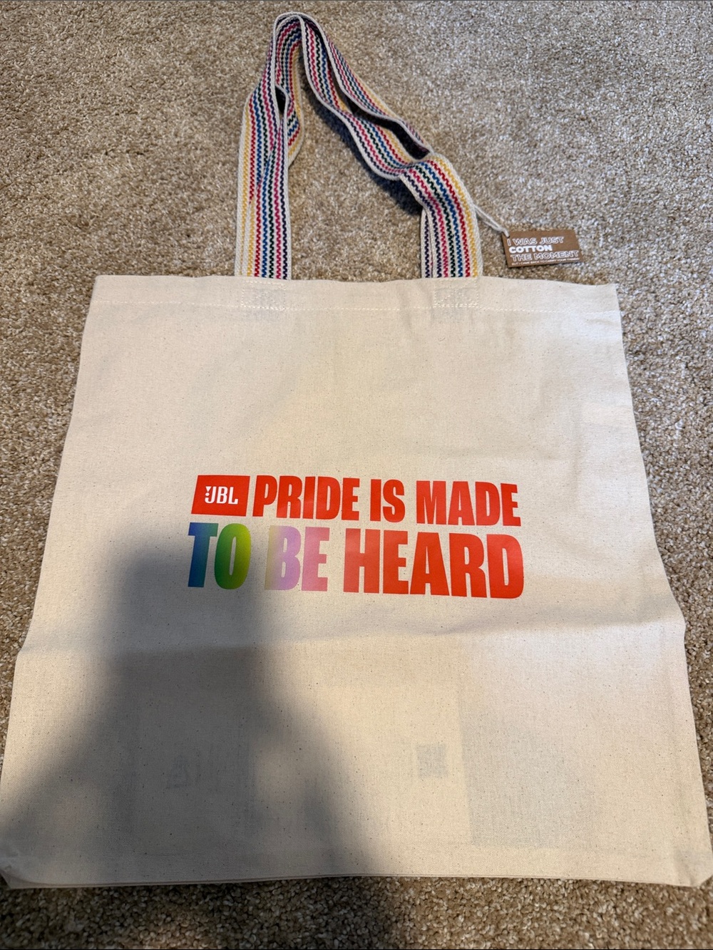 JBL Cream Canvas Tote with Rainbow Text and Striped Handles